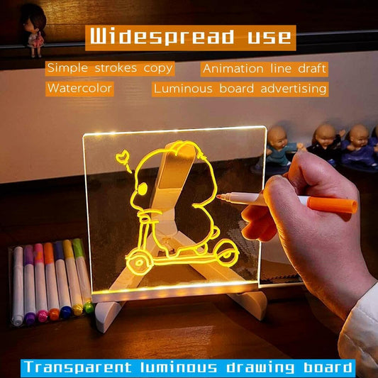 LED Acrylic Writing Board with Light & 7 Pens | 15x15 cm DIY 3D Rewritable Message Pad