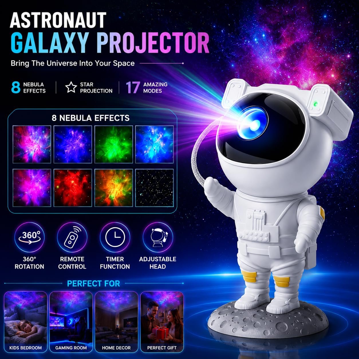 Astronaut Galaxy Projector Night Light – 360° Rotating Nebula Star Projector with Remote Control, Timer & Adjustable Head