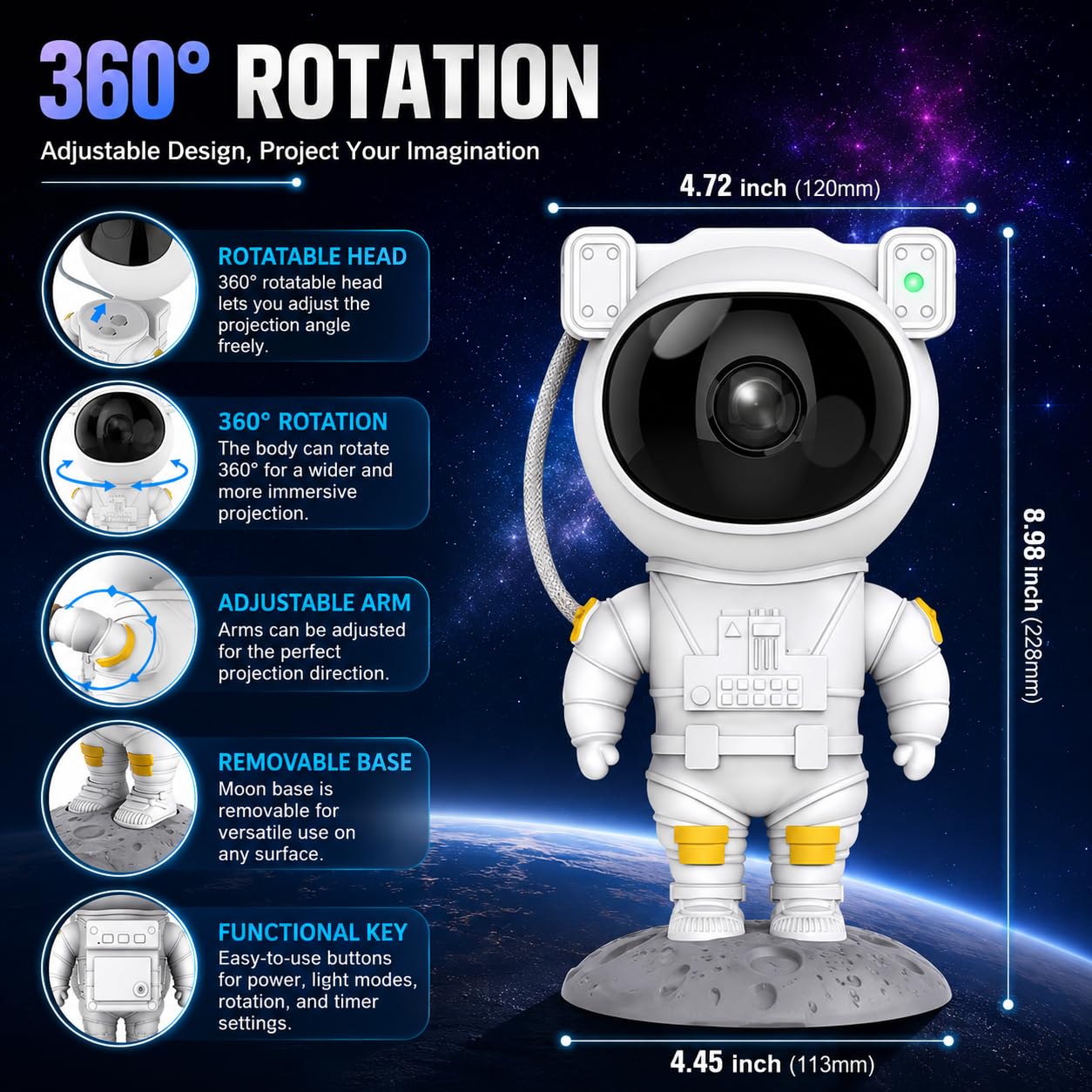 Astronaut Galaxy Projector Night Light – 360° Rotating Nebula Star Projector with Remote Control, Timer & Adjustable Head