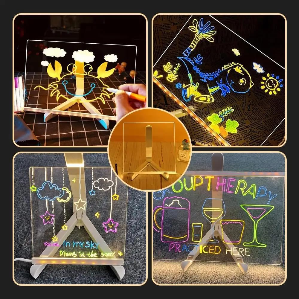 LED Acrylic Writing Board with Light & 7 Pens | 15x15 cm DIY 3D Rewritable Message Pad