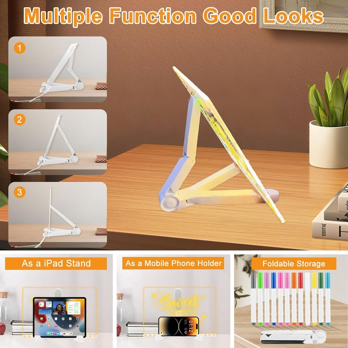 LED Acrylic Writing Board with Light & 7 Pens | 15x15 cm DIY 3D Rewritable Message Pad