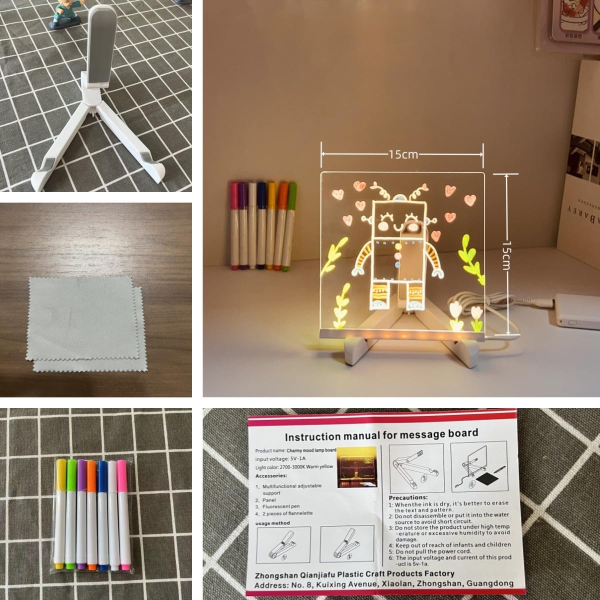 LED Acrylic Writing Board with Light & 7 Pens | 15x15 cm DIY 3D Rewritable Message Pad