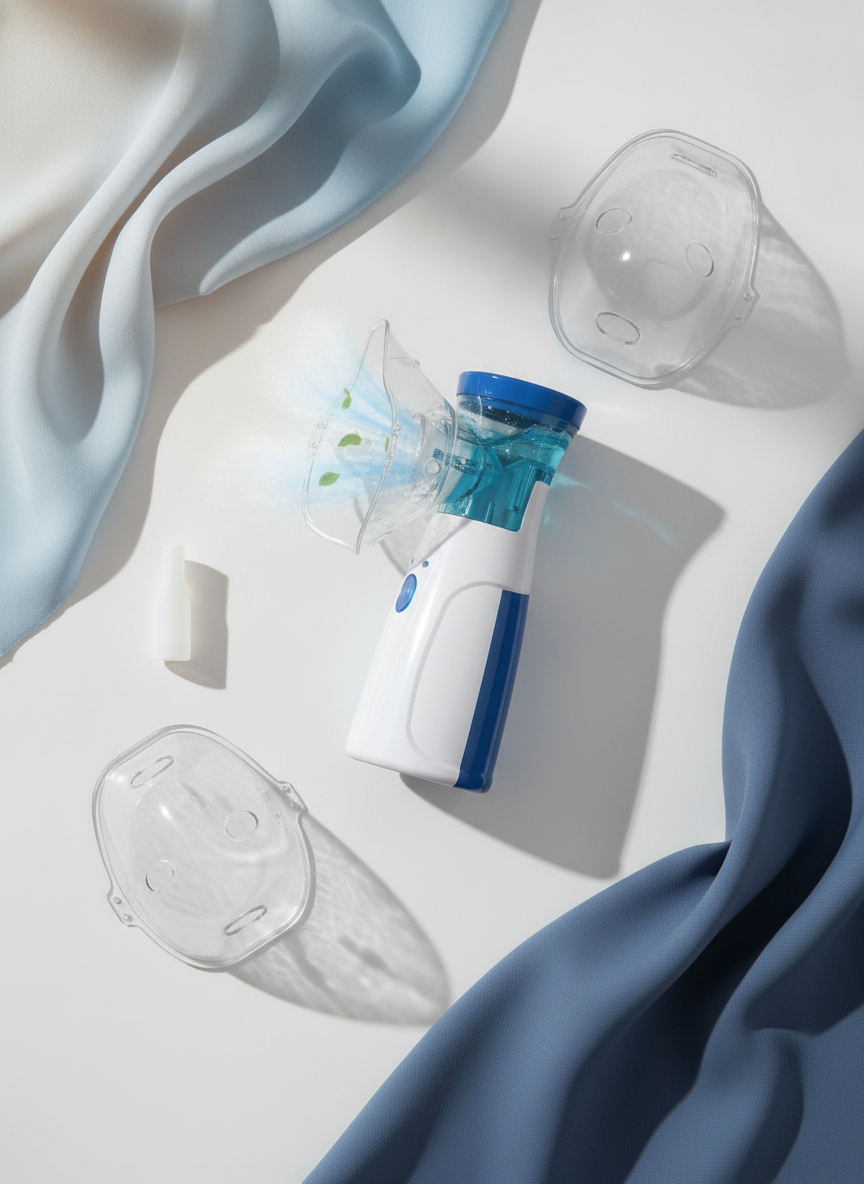Portable nebulizer machine for all ages, displayed in a serene flat-lay on a white surface with soft blue fabric accents.