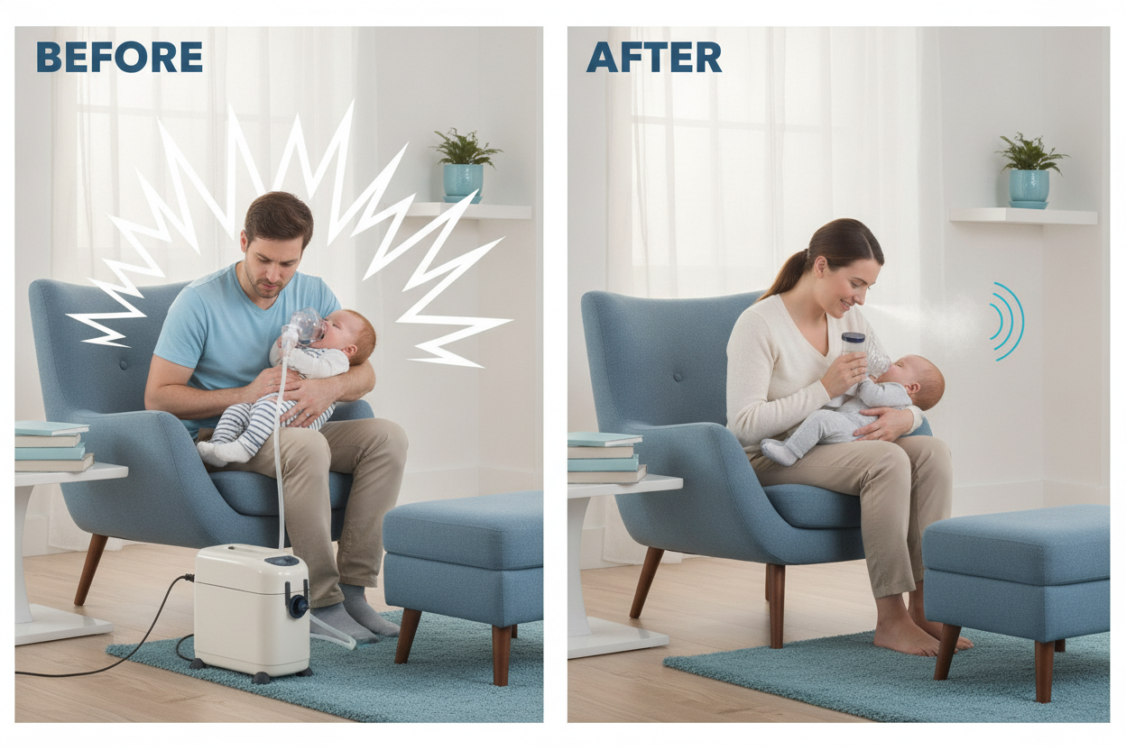 A split image. Left: A noisy, traditional nebulizer with visible sound waves and a crying baby. Right: A quiet, portable nebu