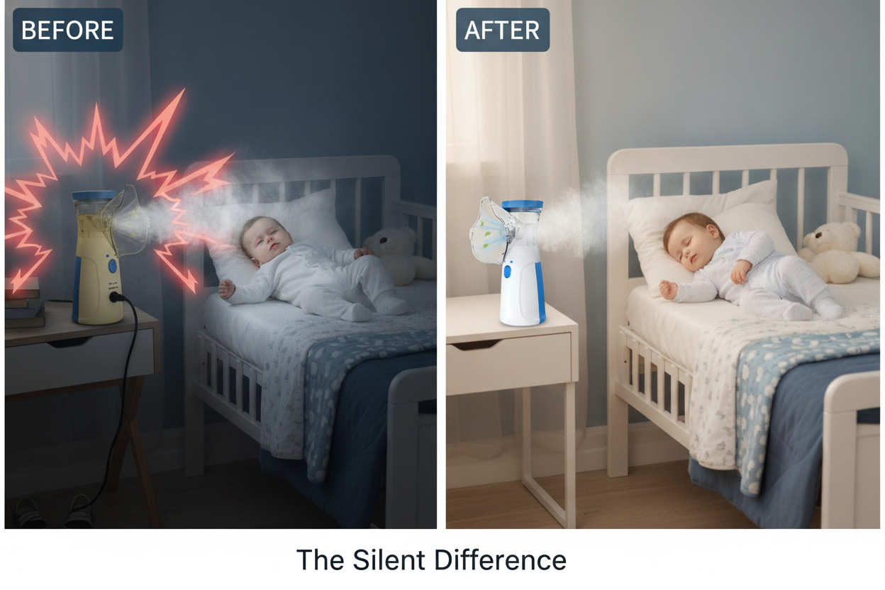 Split image comparing nebulizers. Left: baby disturbed by noisy, old nebulizer. Right: baby sleeping soundly with silent mini