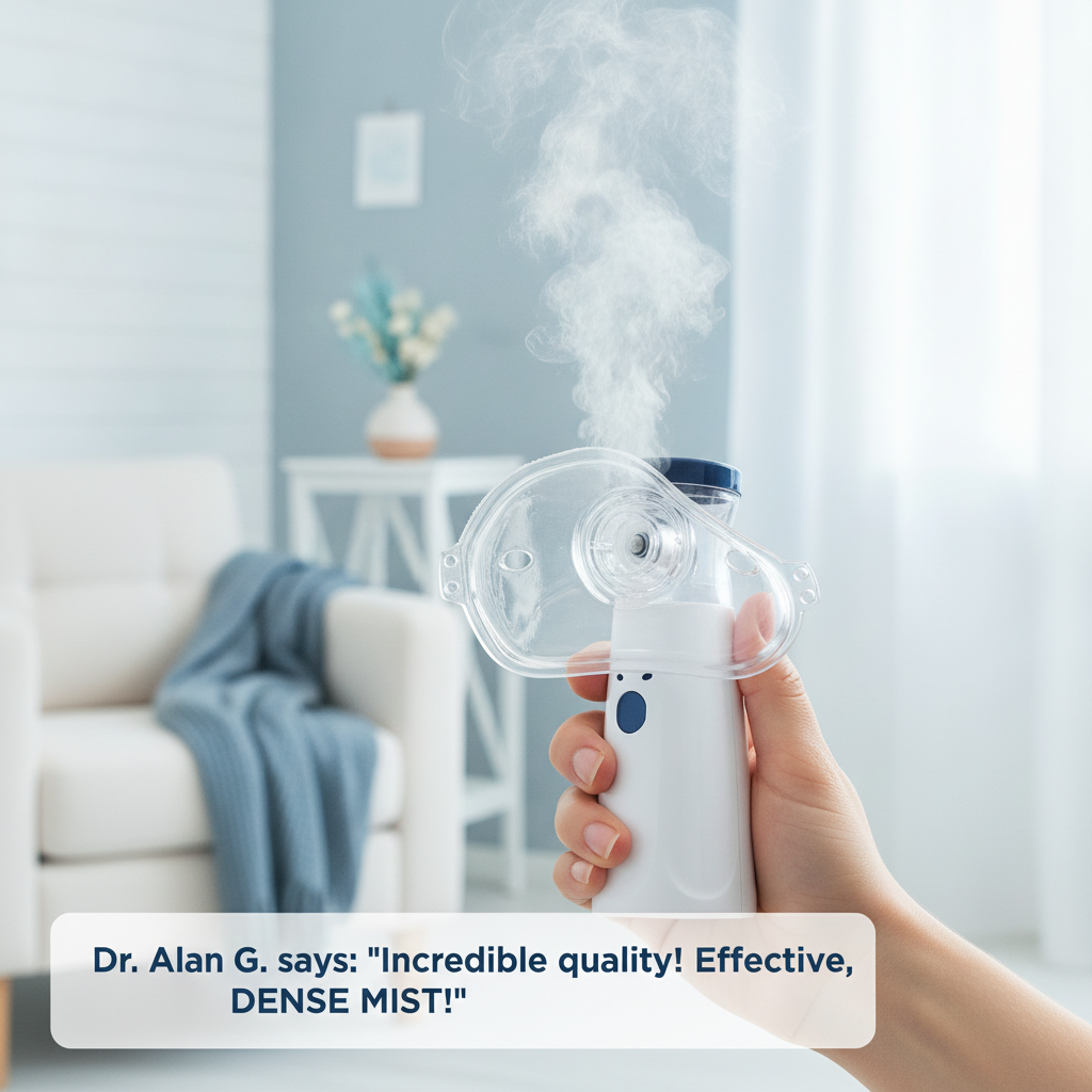A hand holds a small, white portable nebulizer machine, emitting a visible, dense fine mist in a home setting.