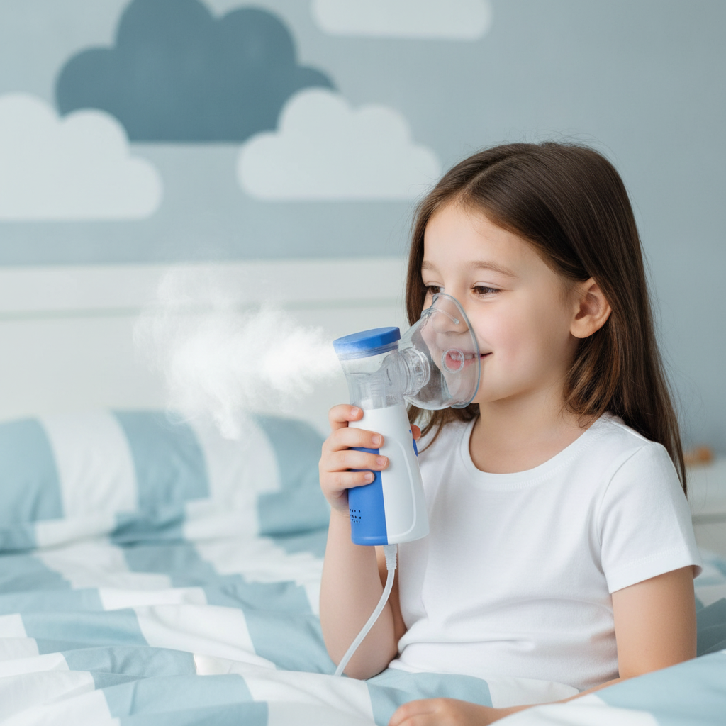 A smiling child, 5-7 years old, comfortably uses a sleek, portable nebulizer, with a fine mist visible. The background is a s