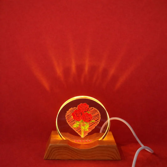 Rose Heart Acrylic LED Lamp with Wooden Base Romantic Gift Night Light